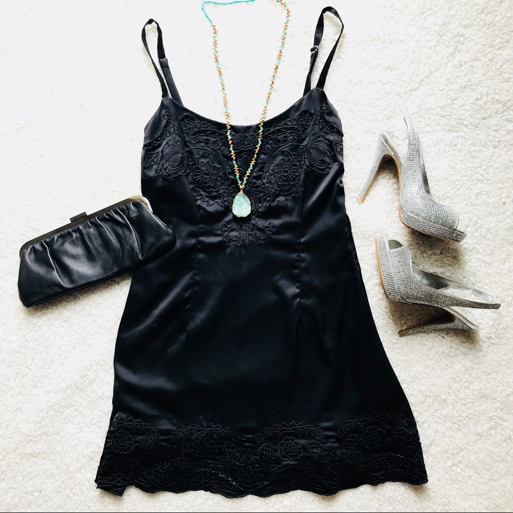 Black Spaghetti Strap Embroidered Party Dress